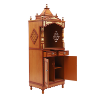 Suramya Floor Rested Pooja Mandir without Door/Wooden temple for home in Teak Gold color 45° side view open drawers