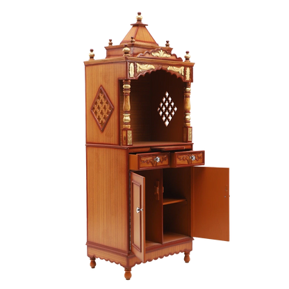 Suramya Floor Rested Pooja Mandir without Door/Wooden temple for home in Teak Gold color 45° side view open drawers