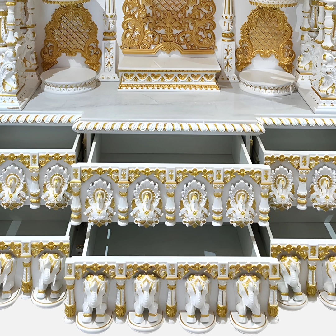 Thirumal Teak Wood Mandap (White Gold) open drawer view