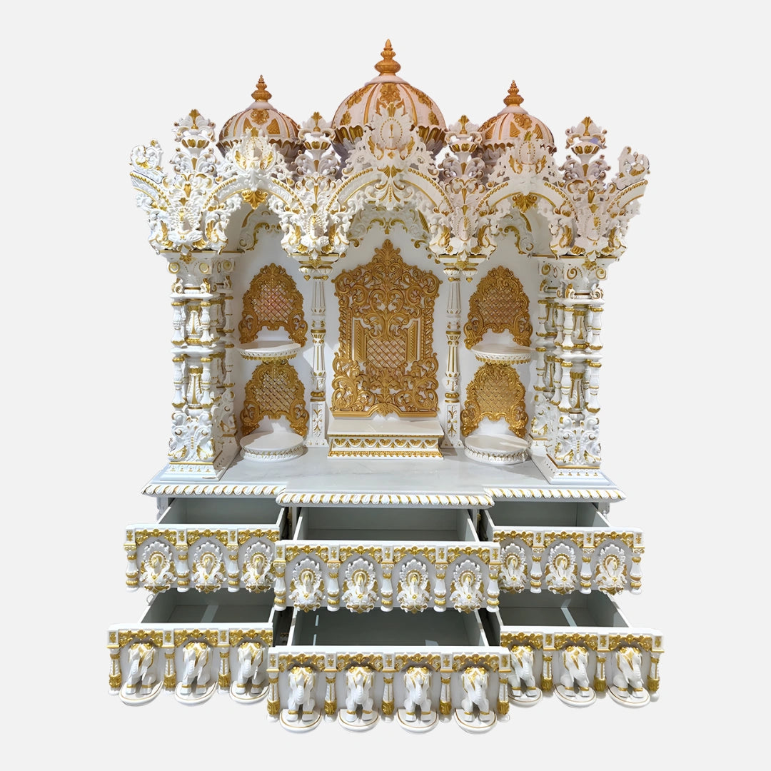 Thirumal Teak Wood Mandap (White Gold) open drawers front view 