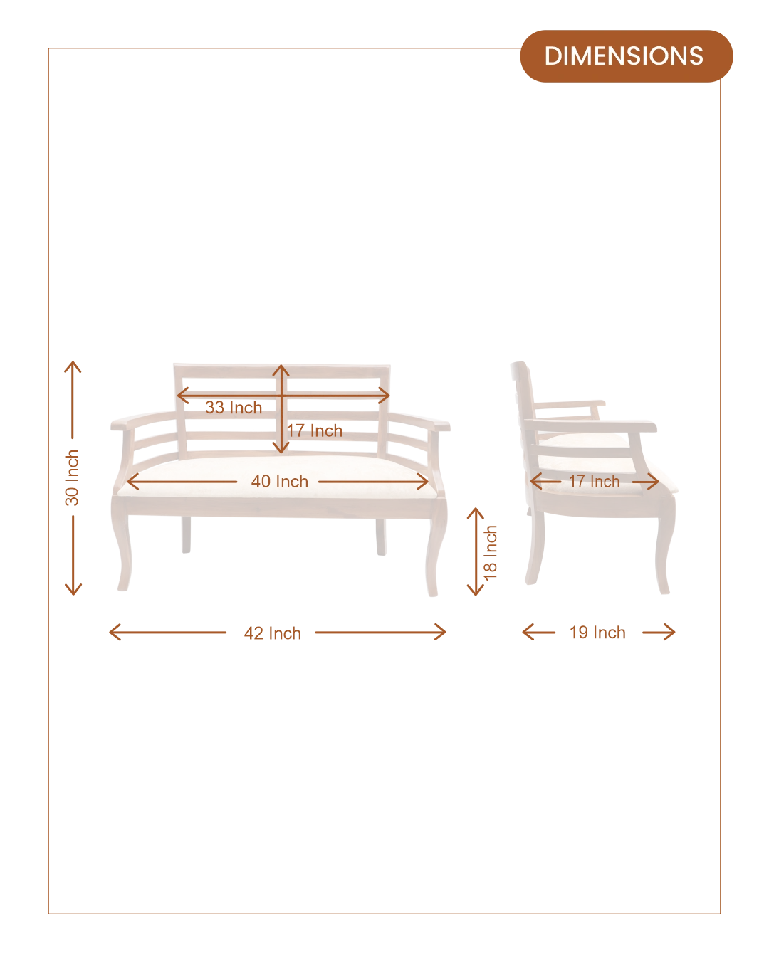 Toledo Solid Wood Love Sofa (Teak) dimensions