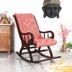 Touffy Fabric Upholstered Teak Wood Rocking Chair (Brown Burgundy)