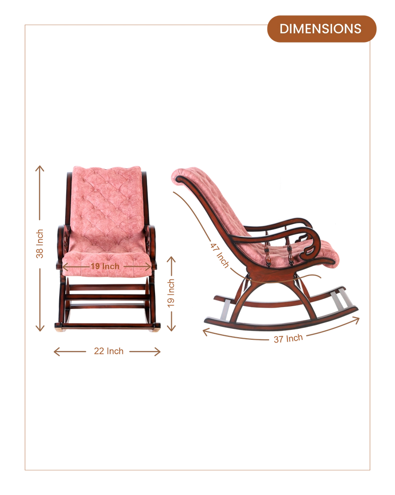 Touffy Fabric Upholstered Teak Wood Rocking Chair (Brown Burgundy) dimensions