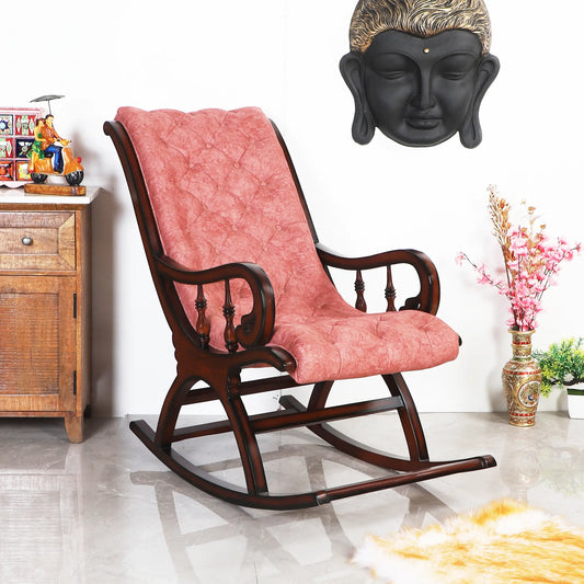 Touffy Fabric Upholstered Teak Wood Rocking Chair (Brown Burgundy) lifestyle view