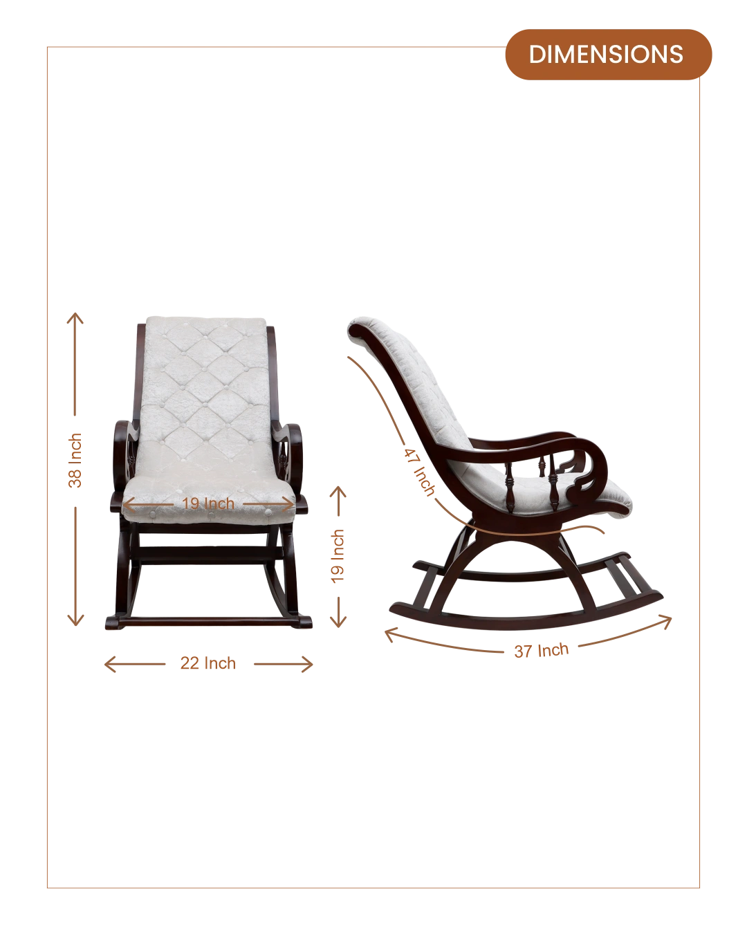 Touffy Fabric Upholstered Teak Wood Rocking Chair (Brown-Silver)dimensions