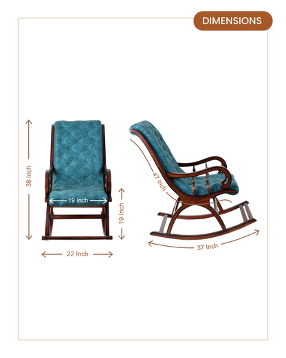Touffy Fabric Upholstered Teak Wood Rocking Chair (Brown Turquoise) dimensions