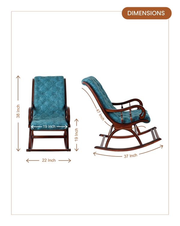Touffy Fabric Upholstered Teak Wood Rocking Chair (Brown Turquoise) dimensions