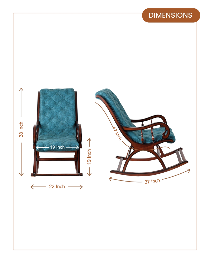 Touffy Fabric Upholstered Teak Wood Rocking Chair (Brown Turquoise) dimensions