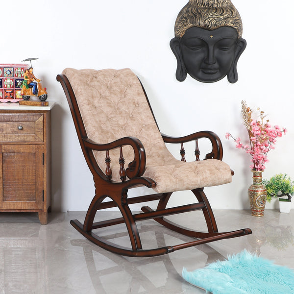 Touffy Fabric Upholstered Teak Wood Rocking Chair (Mahogany) lifestyle view
