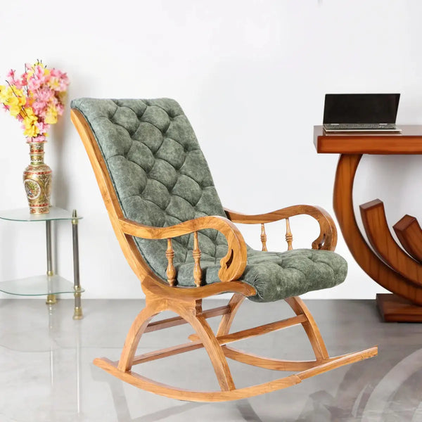 Touffy Fabric Upholstered Teak Wood Rocking Chair (Teak Green) lifestyel view
