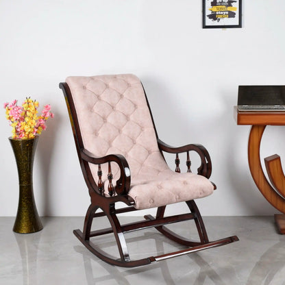 Touffy Fabric Upholstered Teak Wood Rocking Chair (Brown Ivory)