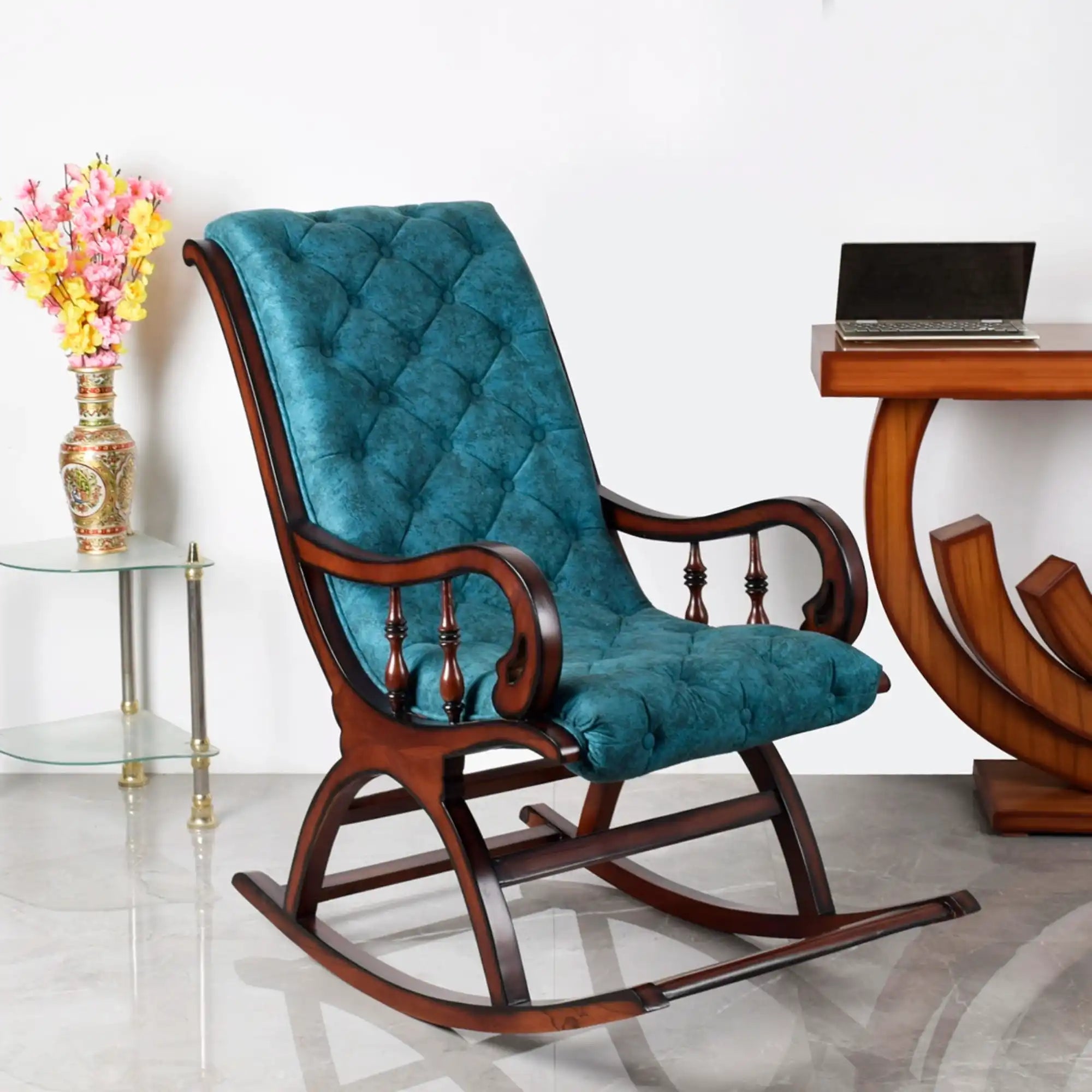 Touffy Fabric Upholstered Teak Wood Rocking Chair (Brown Turquoise)