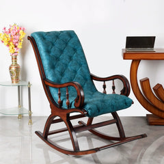 Touffy Fabric Upholstered Teak Wood Rocking Chair (Brown Turquoise)