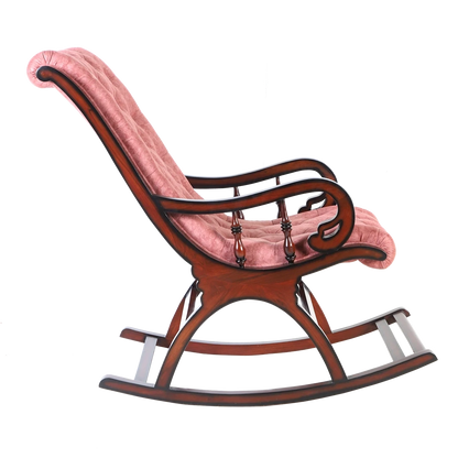 Touffy Fabric Upholstered Teak Wood Rocking Chair in Brown Burgundy color side view