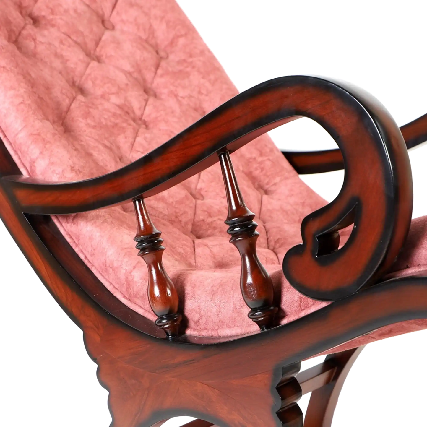 Touffy Fabric Upholstered Teak Wood Rocking Chair in Brown Burgundy color zoom view handle
