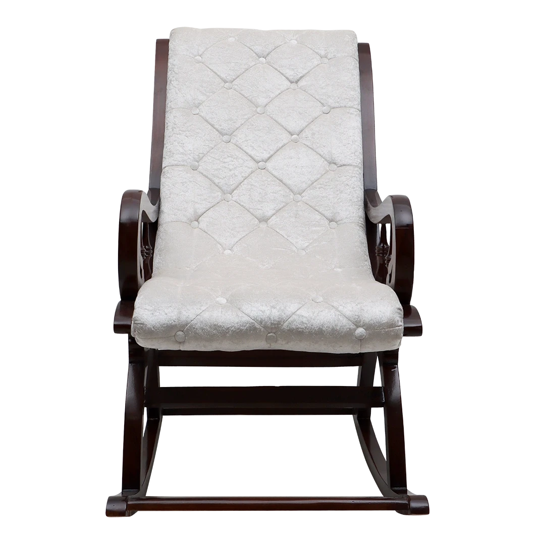 Touffy Fabric Upholstered Teak Wood Rocking Chair in Brown Mahogany color front view