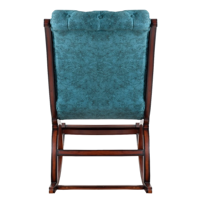 Touffy Fabric Upholstered Teak Wood Rocking Chair in Brown Turquoise color back view