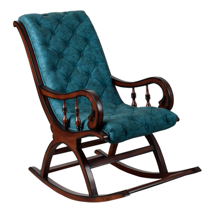 Touffy Fabric Upholstered Teak Wood Rocking Chair in Brown Turquoise color 45° side view