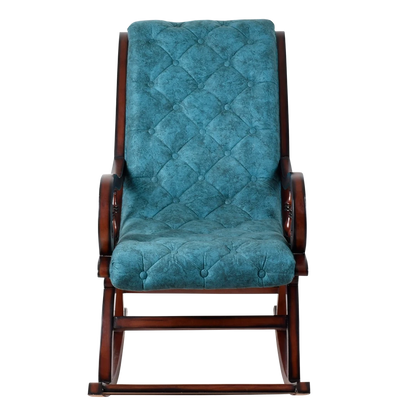 Touffy Fabric Upholstered Teak Wood Rocking Chair in Brown Turquoise color front view