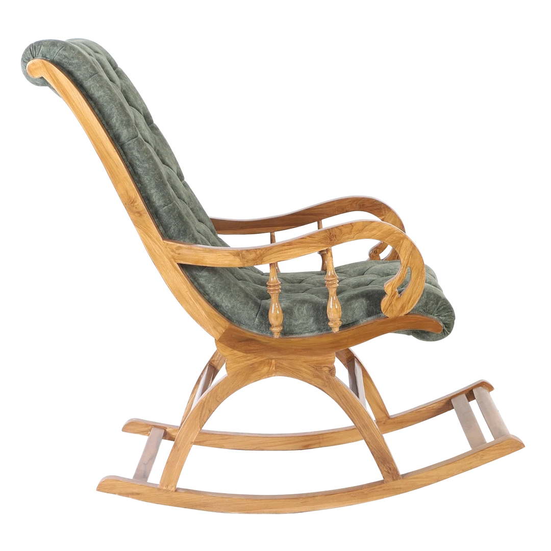 Touffy Fabric Upholstered Teak Wood Rocking Chair in Teak Green color side view