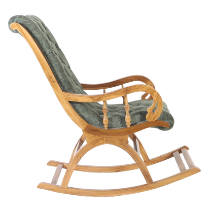 Touffy Fabric Upholstered Teak Wood Rocking Chair in Teak Green color side view