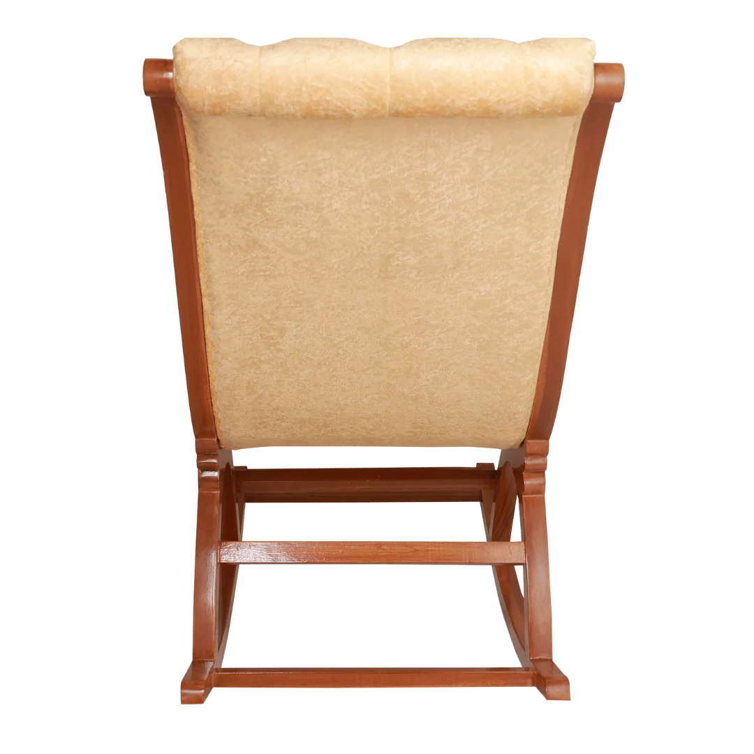 Touffy Fabric Upholstered Teak Wood Rocking Chair (Teak-Gold) backside view
