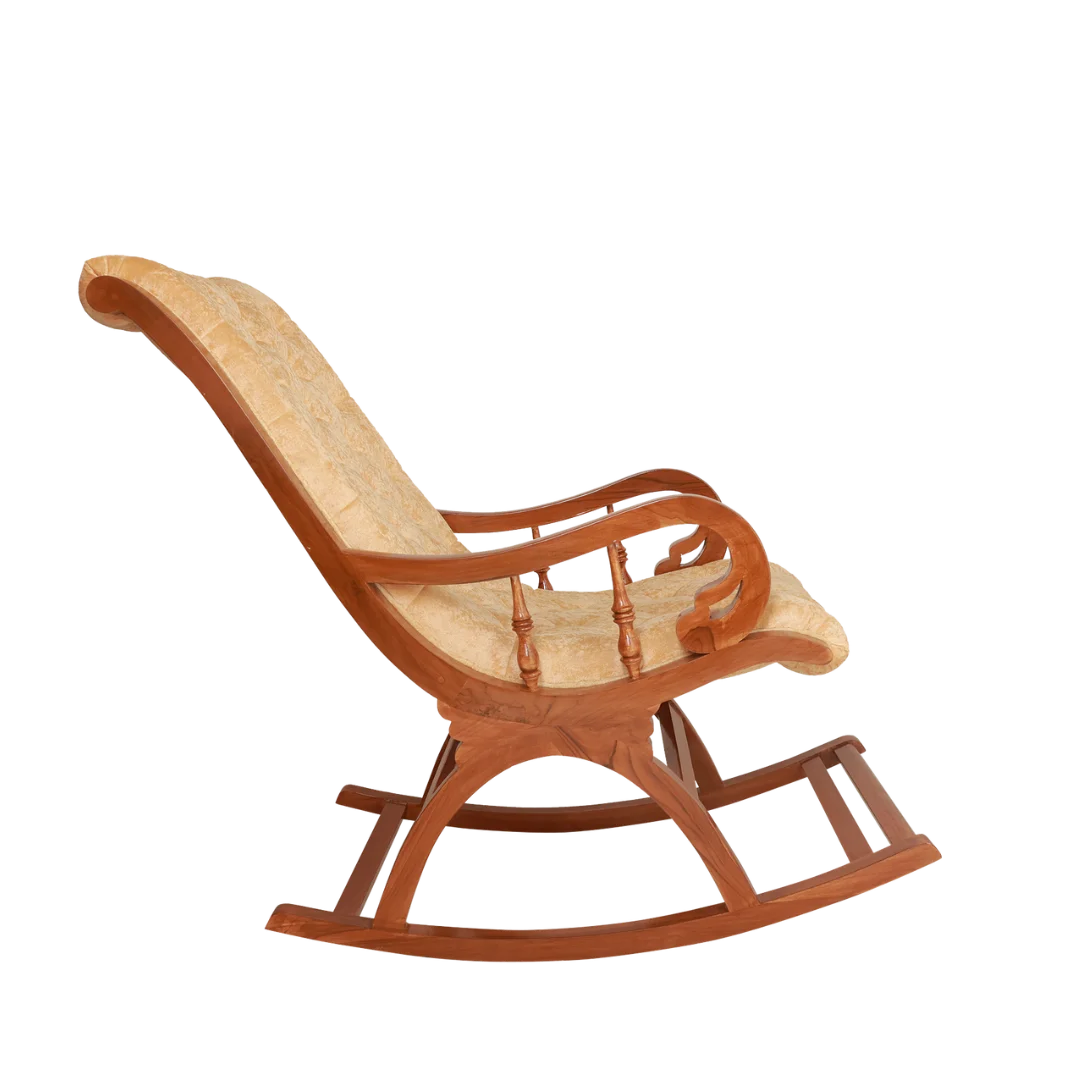 Touffy Fabric Upholstered Teak Wood Rocking Chair (Teak-Gold) side angle