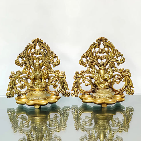 Traditional Brass Lakshmi Ganesha Diya Set