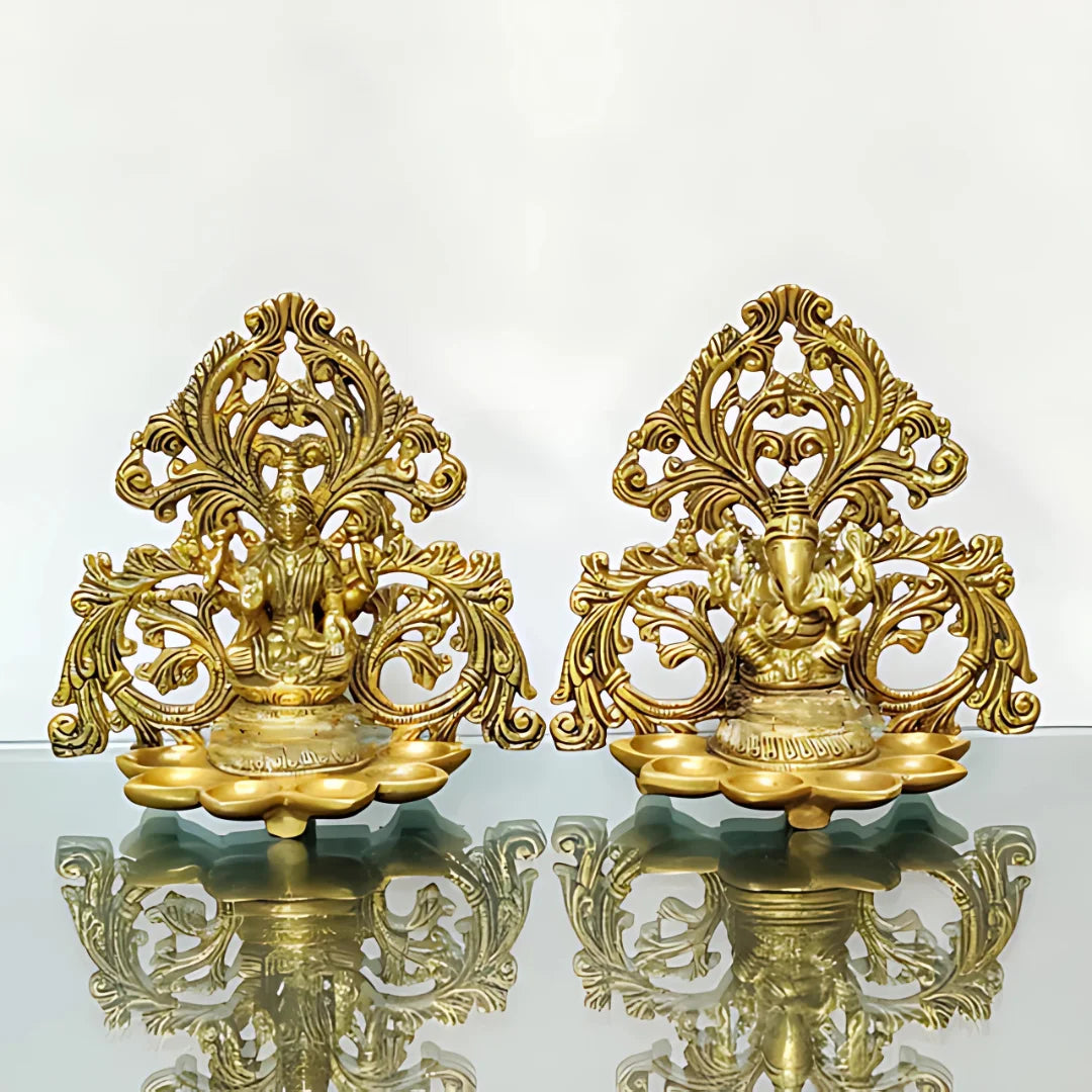Traditional Brass Lakshmi Ganesha Diya Set lifestyle view