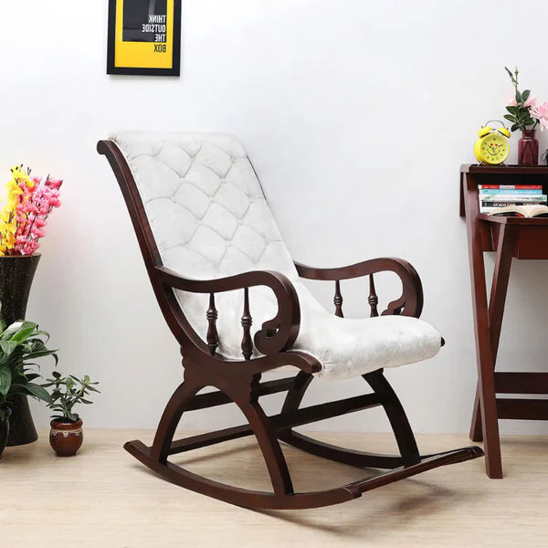 Touffy Fabric Upholstered Teak Wood Rocking Chair (Brown-Silver)