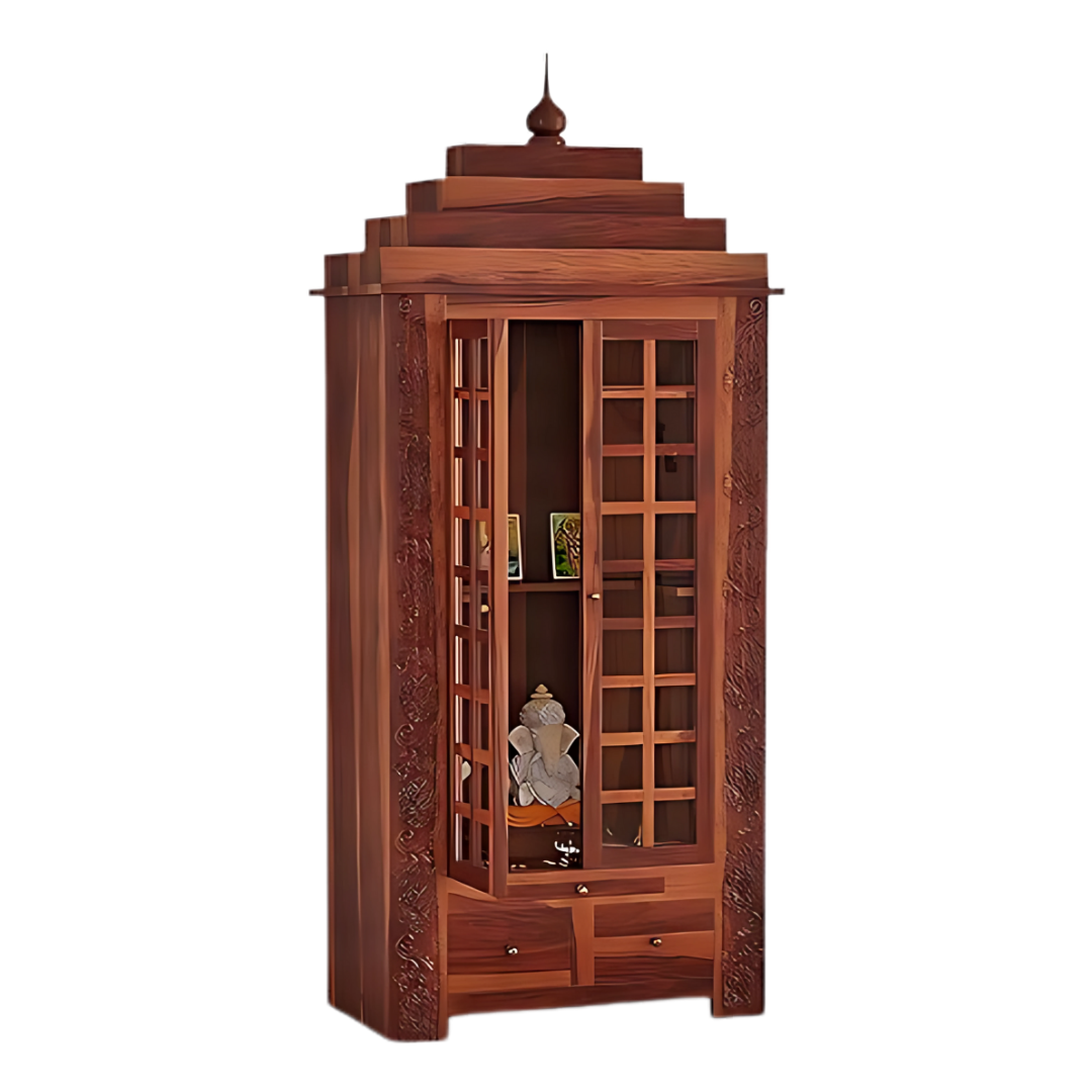 Upasana Sheesham Wood Mandir (Teak) open door side angle