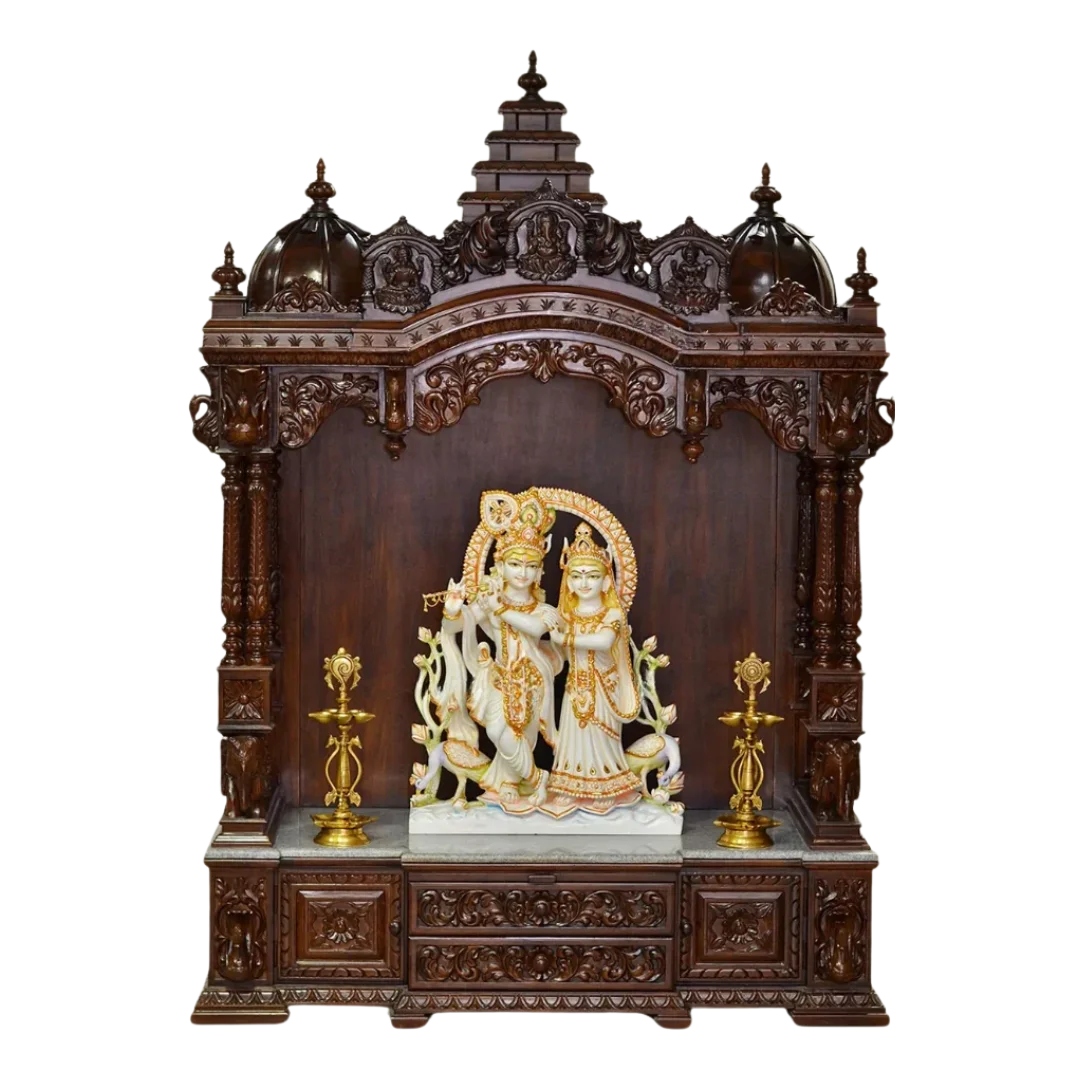 Vamika Teak Wood Mandap (Brown) front view with idol