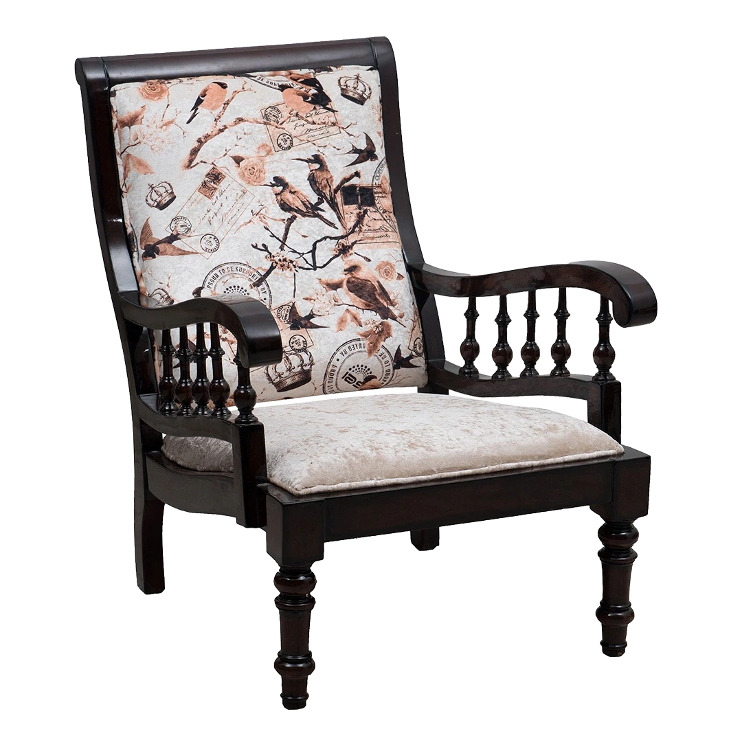 Vasper Teak Wood Fabric Upholstered Arm Chair in Brown color 45° side view