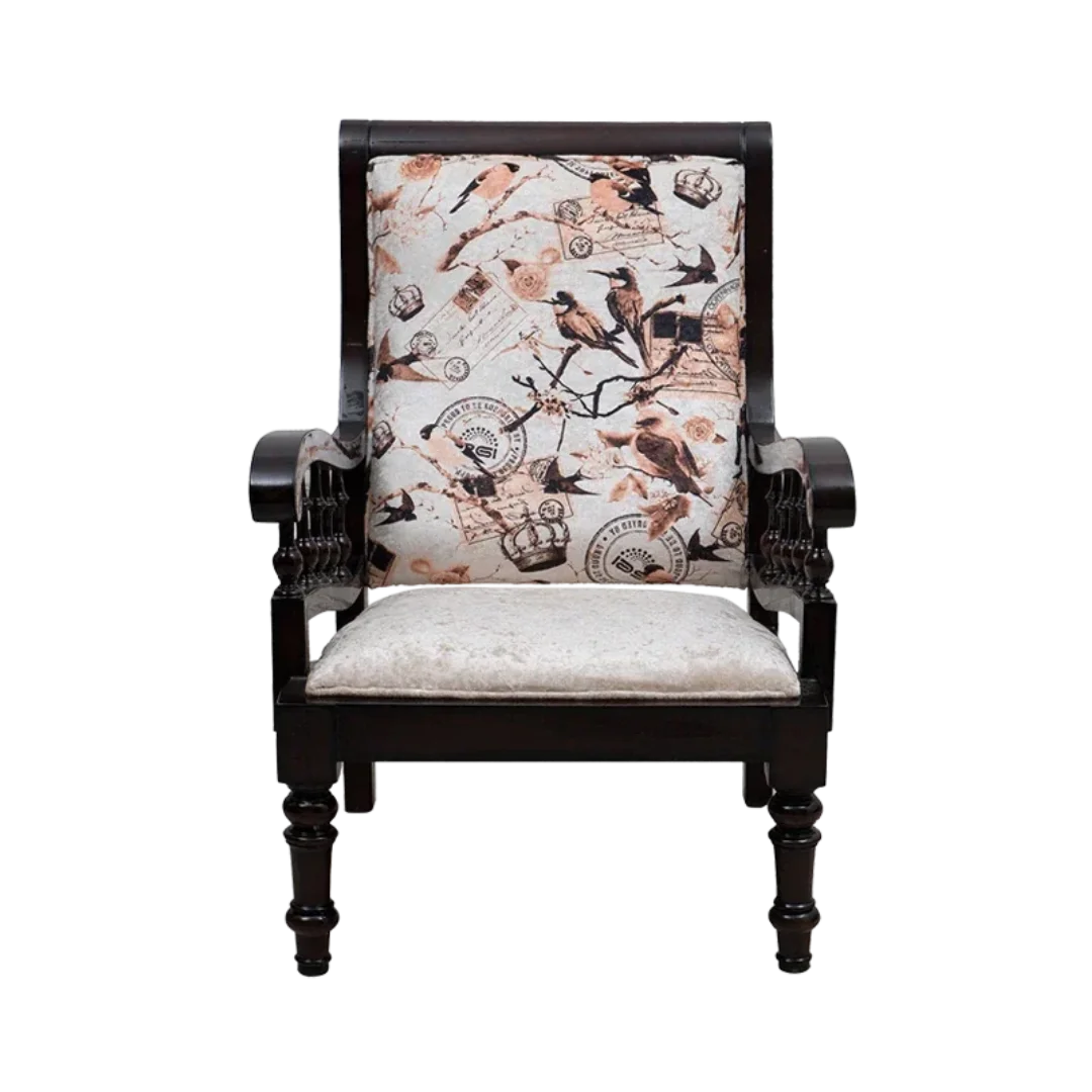 Vasper Teak Wood Fabric Upholstered Arm Chair Front View(Brown)