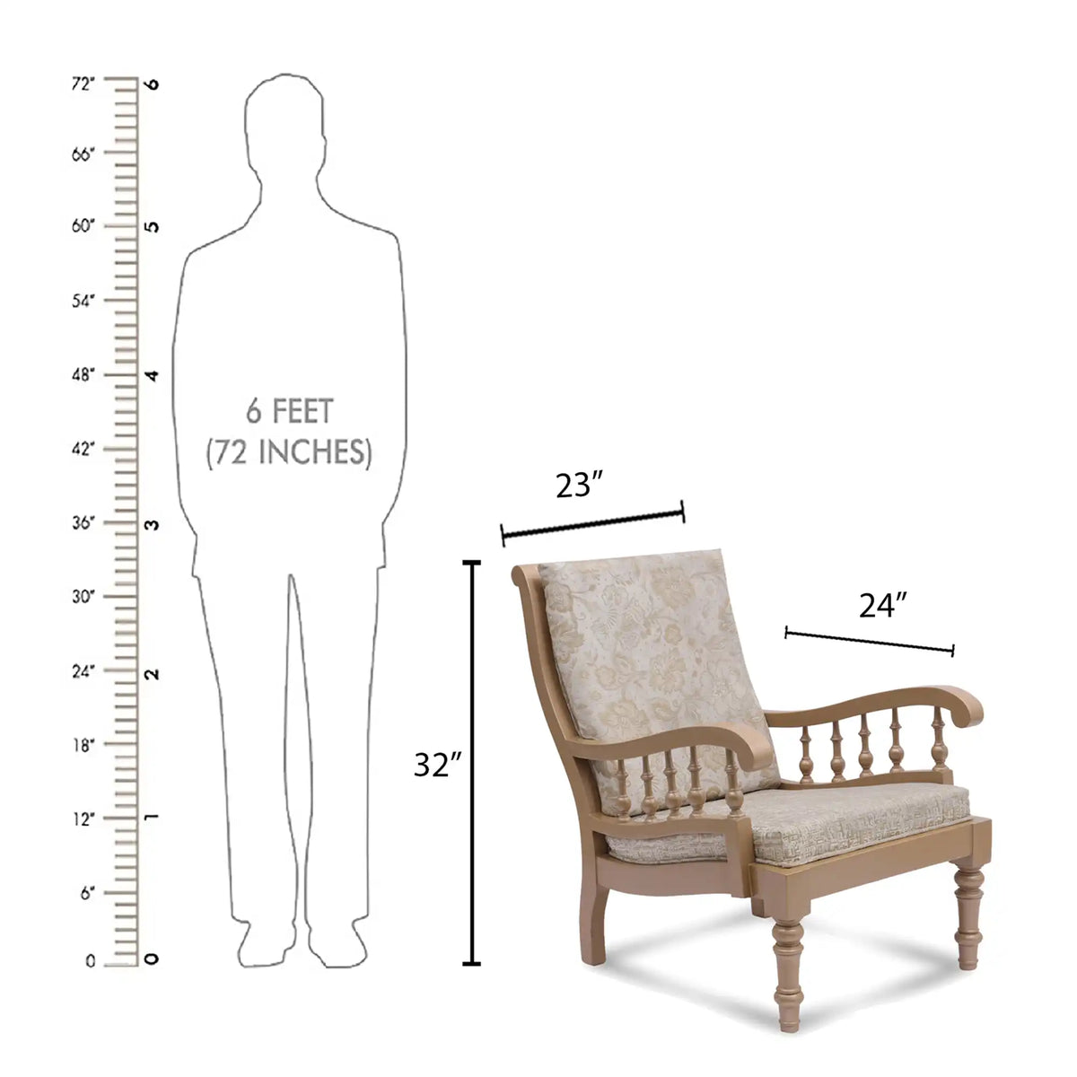 Vasper Teak Wood Fabric Upholstered Arm Chairs (Teak Beige) dimensions