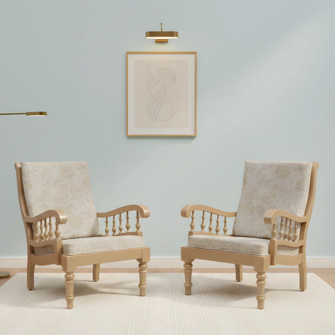 Vasper Teak Wood Fabric Upholstered Arm Chairs (Teak Beige) lifestyle image