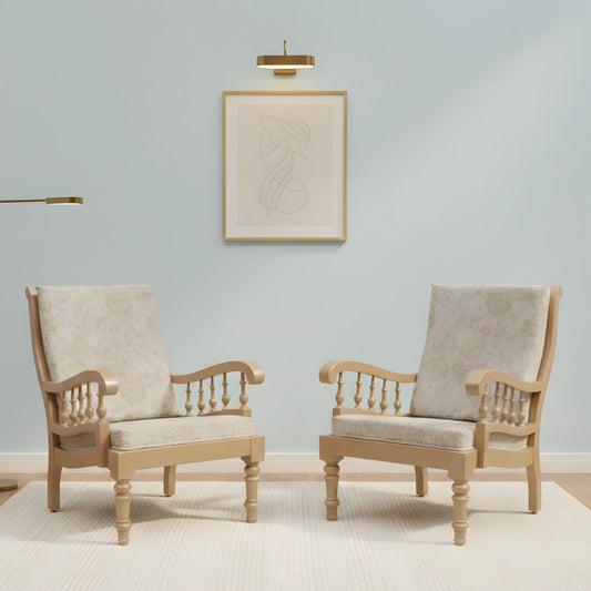 Vasper Teak Wood Fabric Upholstered Arm Chairs (Teak Beige) lifestyle image