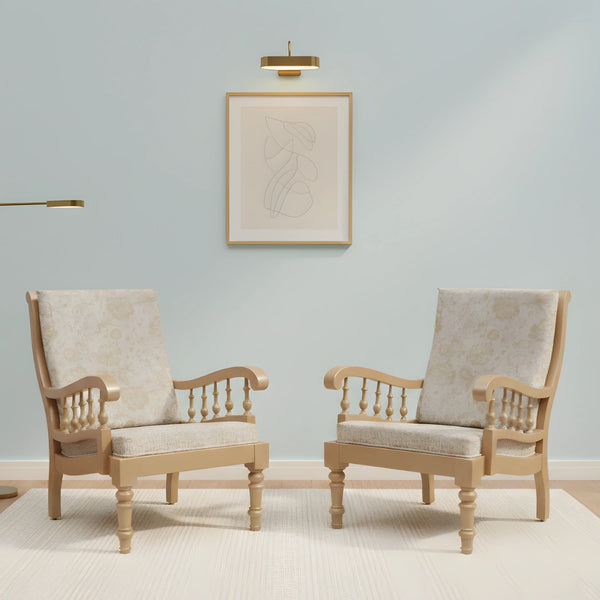 Vasper Teak Wood Fabric Upholstered Arm Chairs (Teak Beige) lifestyle image