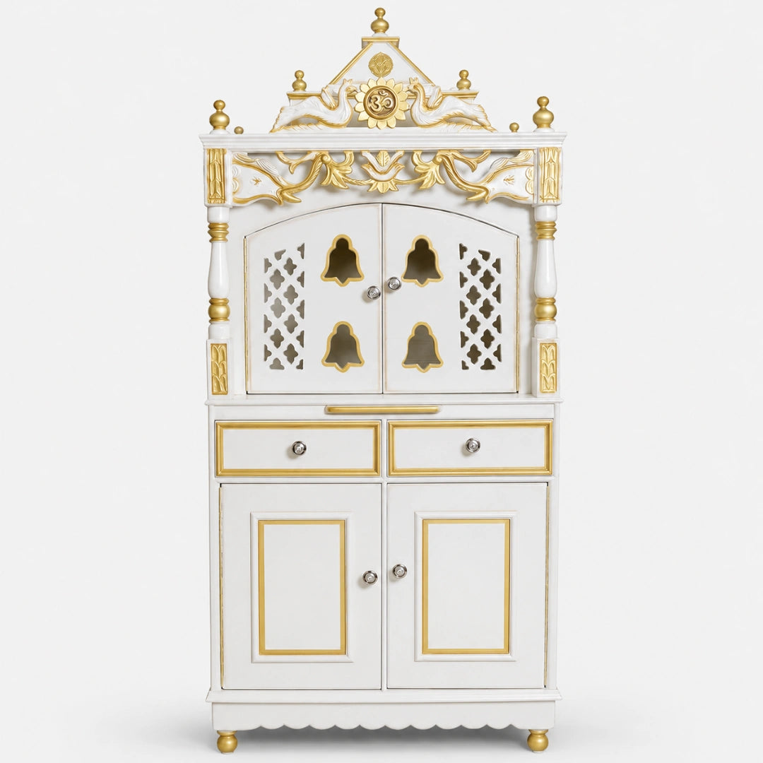 Vedashraya Floor Rested Pooja Mandap with Door (White Gold) Front View