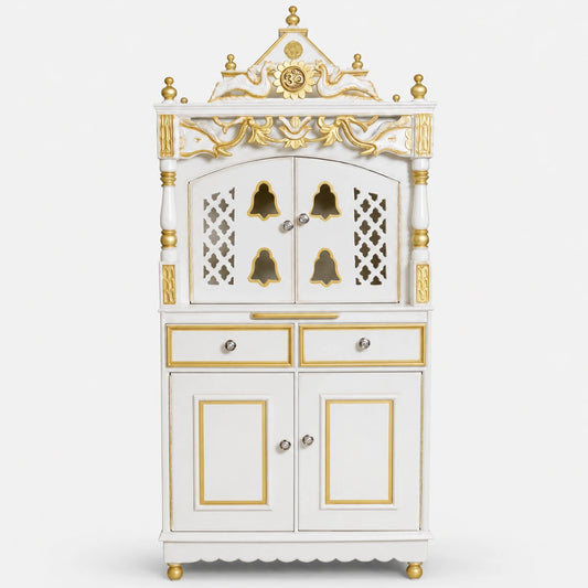 Vedashraya Floor Rested Pooja Mandap with Door (White Gold) Front View