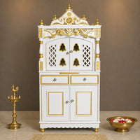 Vedashraya Floor Rested Pooja Mandap with Door (White Gold) Lifestyle View