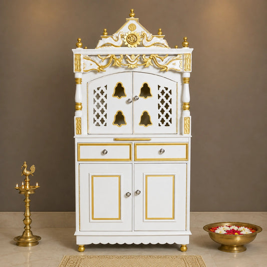 Vedashraya Floor Rested Pooja Mandap with Door (White Gold) Lifestyle View