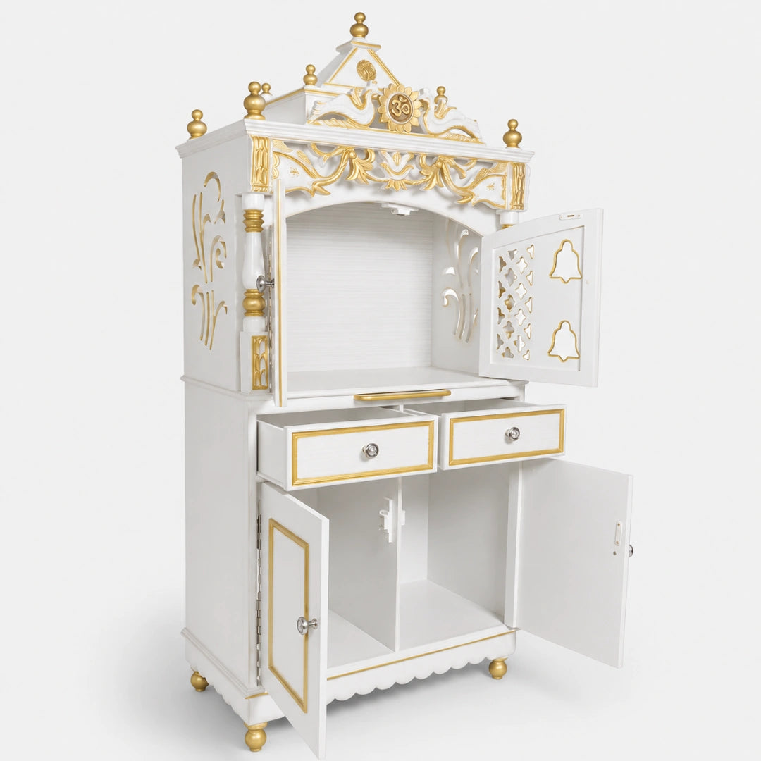 Vedashraya Floor Rested Pooja Mandap with Door (White Gold) SIde View Open Drawers