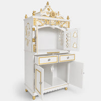 Vedashraya Floor Rested Pooja Mandap with Door (White Gold) SIde View Open Drawers