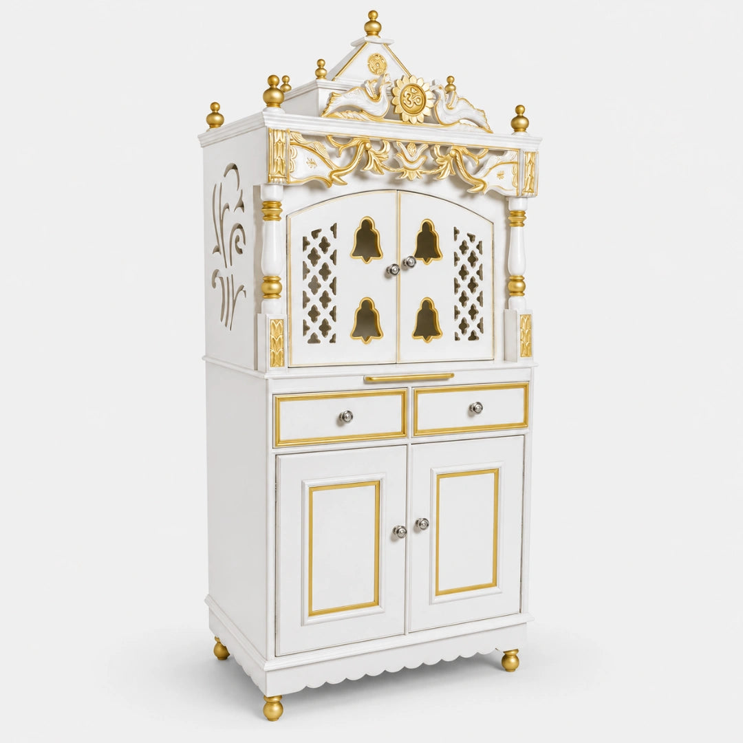 Vedashraya Floor Rested Pooja Mandap with Door (White Gold) Side View
