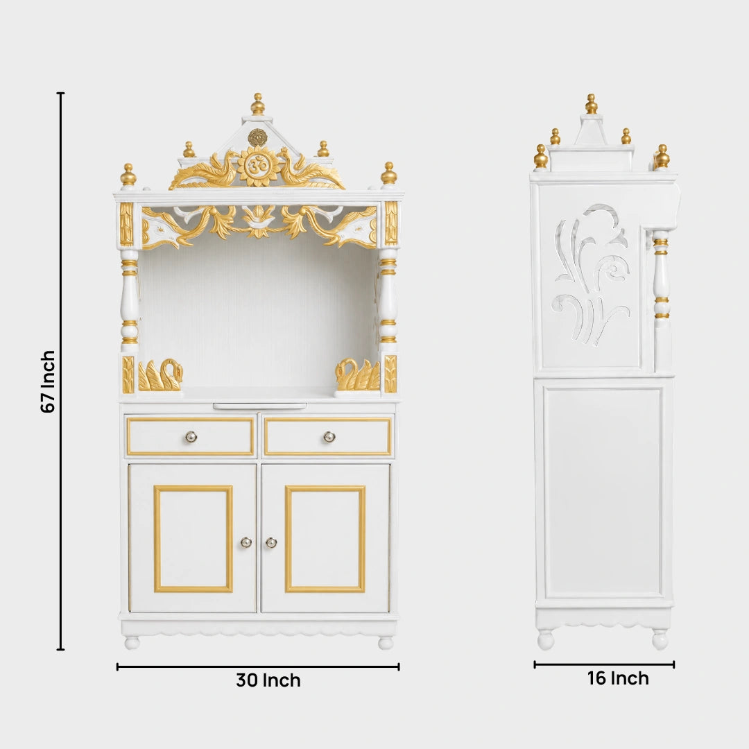 Vedashraya Floor Rested Pooja Mandap without Door (White Gold) Dimensions