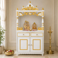 Vedashraya Floor Rested Pooja Mandap without Door (White Gold) Lifestyle Image