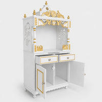 Vedashraya Floor Rested Pooja Mandap without Door (White Gold) Side View Open Drawers