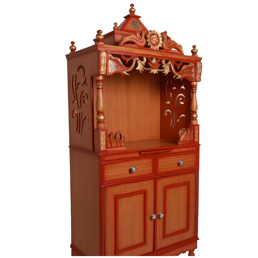Vedashraya Floor Rested Pooja Mandir without Door Teak Gold side view