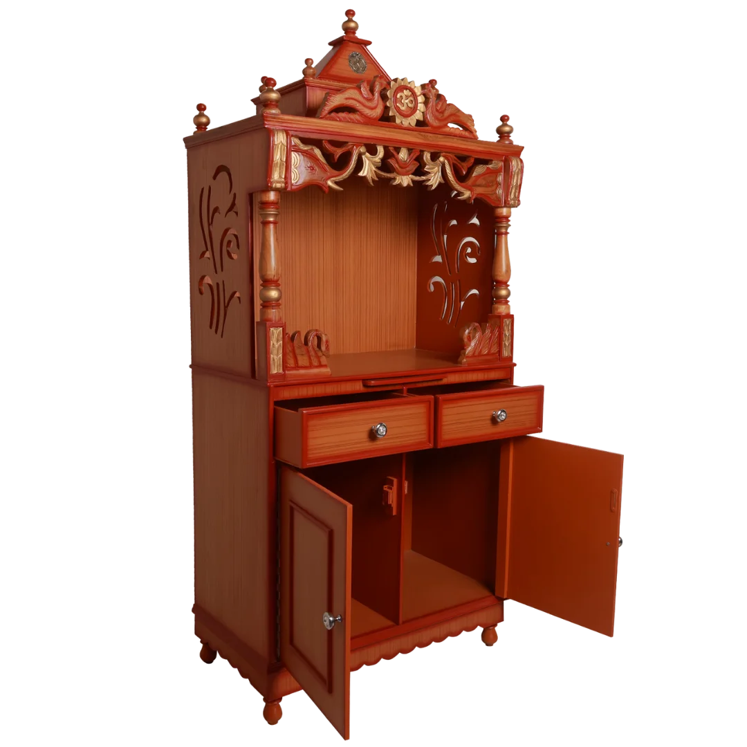 Vedashraya Floor Rested Pooja Mandir without Door Teak Gold side view with open drawers